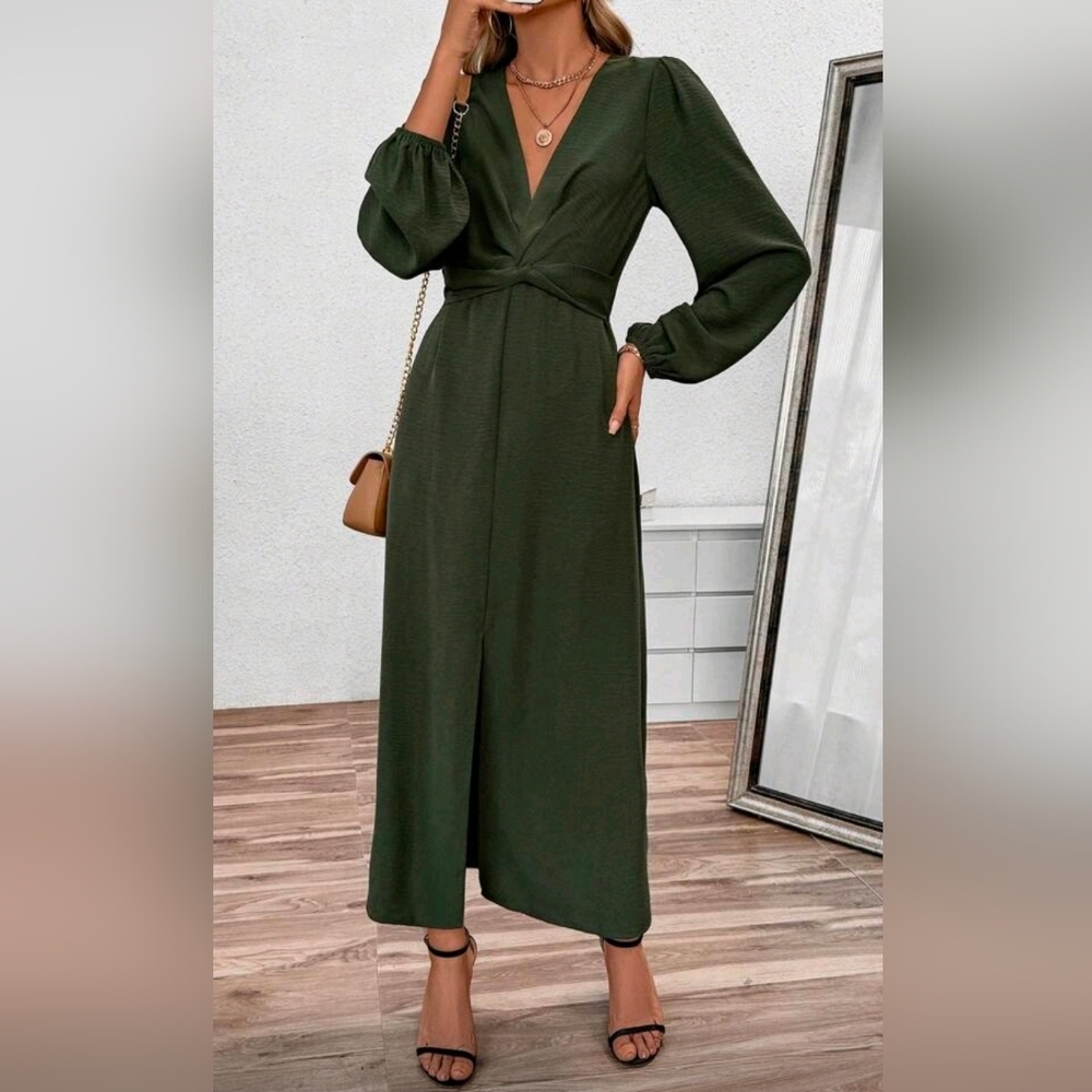 New Chic Plunge Twist Front Split Midi Dress Long Sleeve Olive Green - Picture 2 of 10